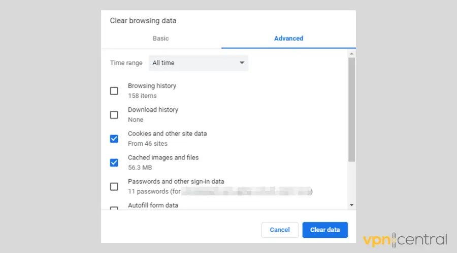 Clear browsing data advanced tab