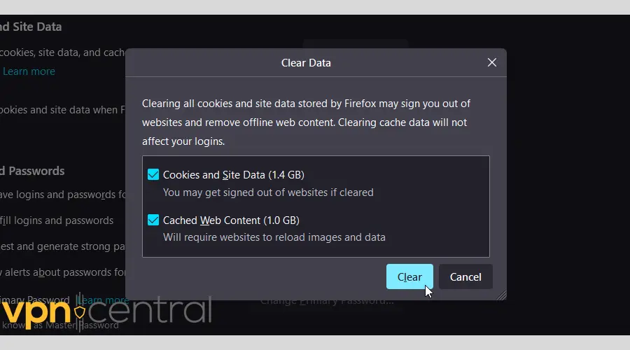 Confirm Data clearing in Firefox