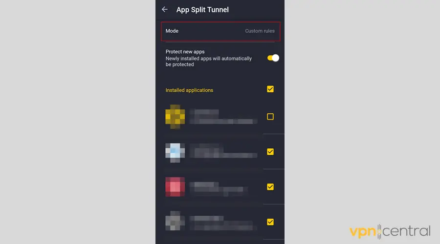 CyberGhost Android Split Tunneling Custom Rules