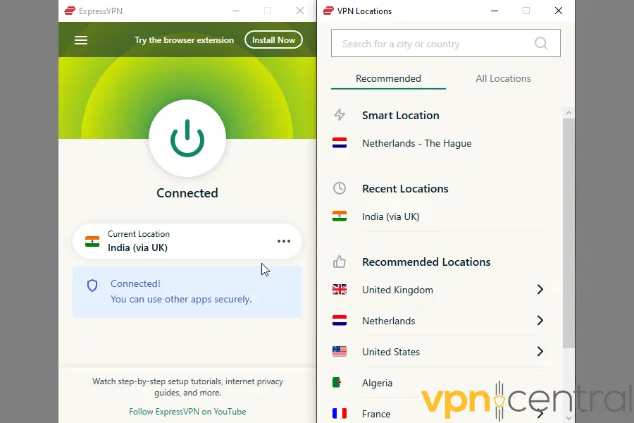 ExpressVPN connected to India