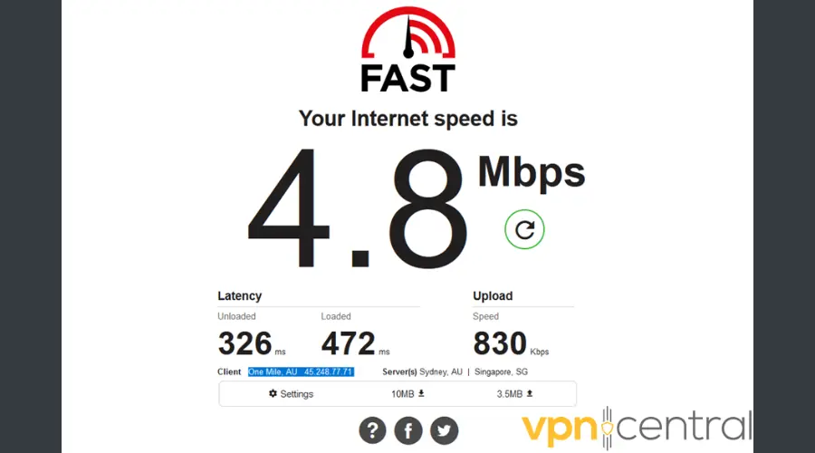 Internet Speed Test Australian Bright VPN server results