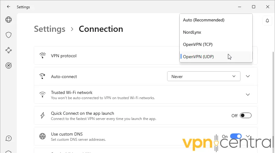 VPN protocol settings for NordVPN
