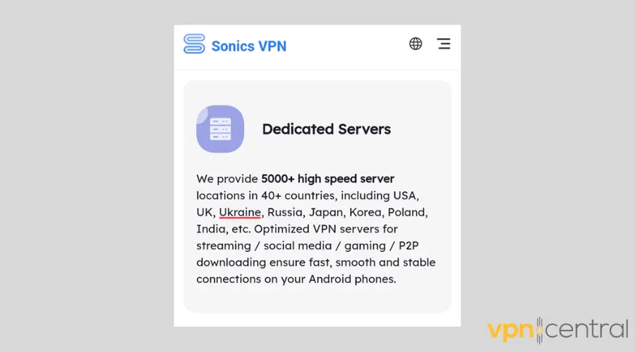 Sonics VPN advertised server locations