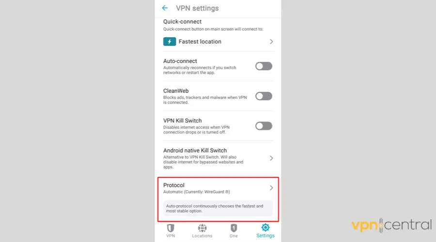 Surfshark for Android protocol settings