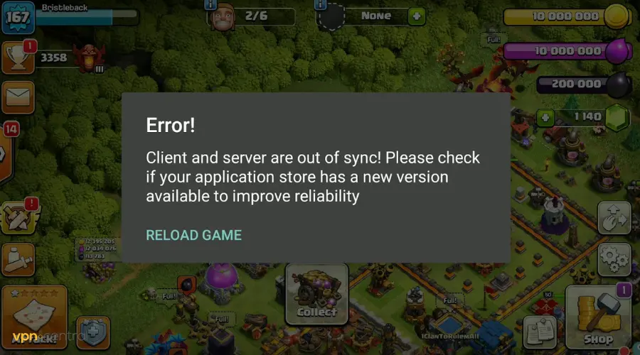 clash of clans client and server are out of sync error