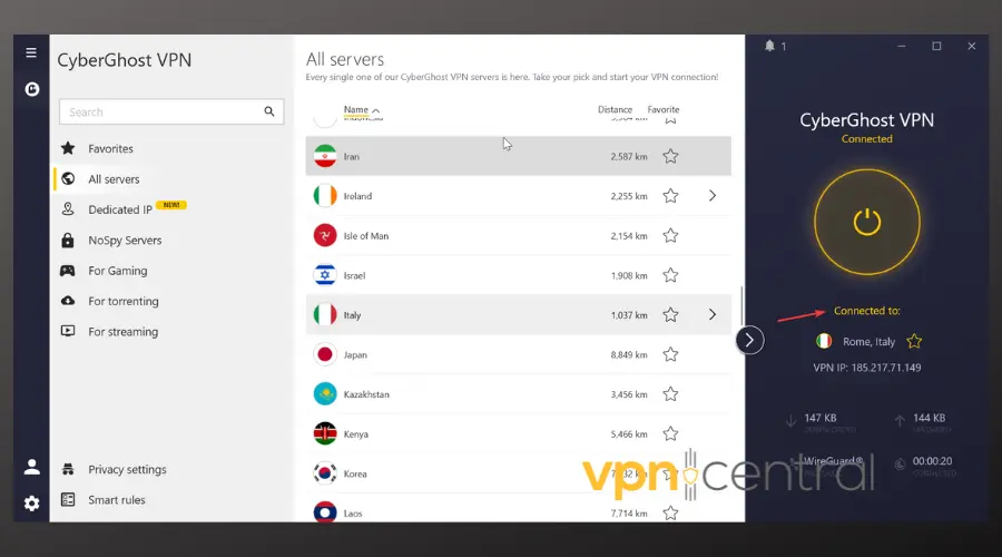 cyberghost vpn successfully connected to server