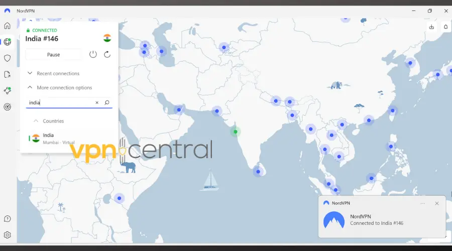 nordvpn connected to indian server in mumbai