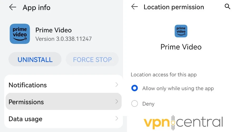 Prime Video Android location permission