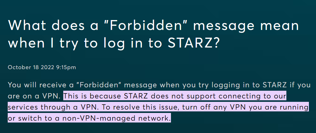 starz support explaining forbidden error