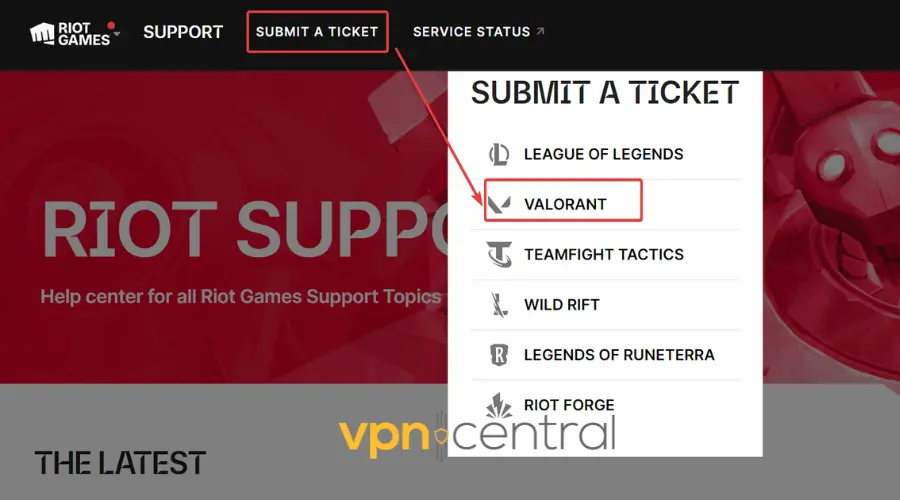 submit valorant ticket on riot games support page
