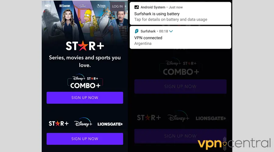 Star+ working with Surfshark VPN on