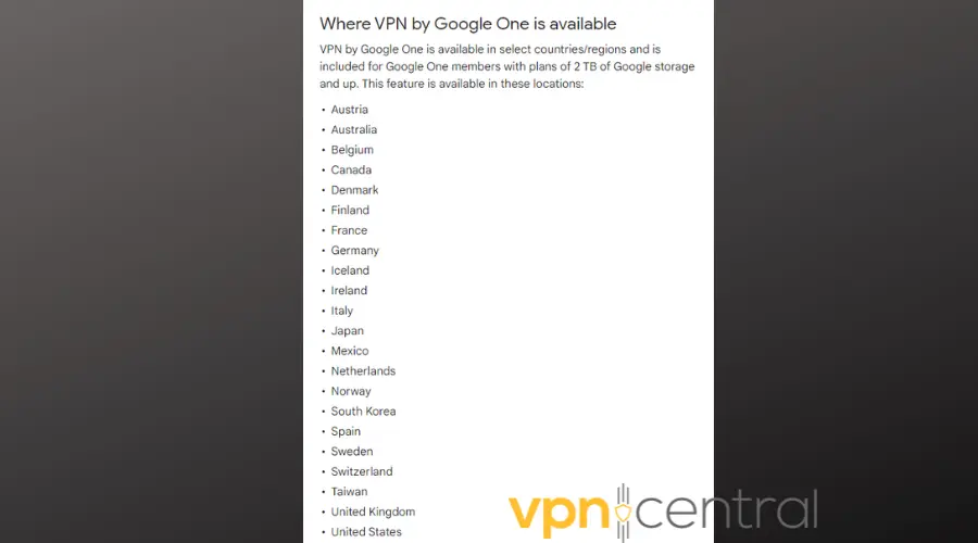google one vpn server locations