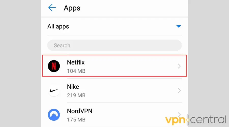Netflix app in Android settings