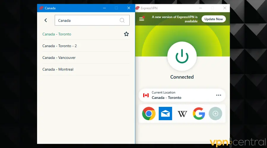 expressvpn connected to a server in canada