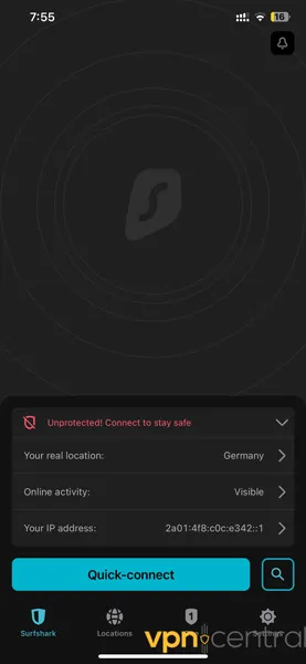 Surfshark VPN iOS interface