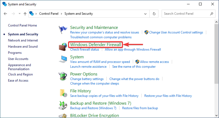 system and security windows defender firewall