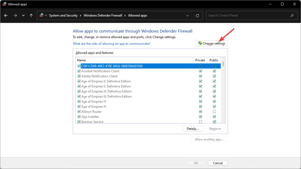 allow apss to communicate through windows defender firewall change settings