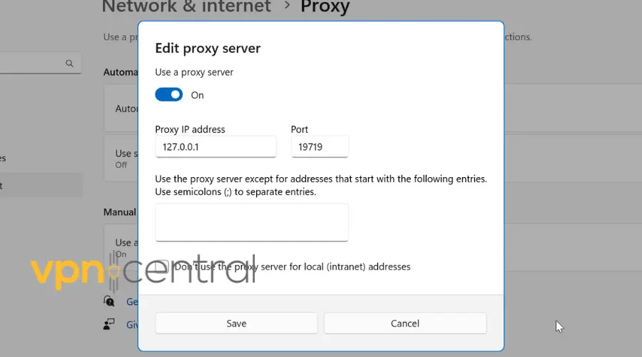 enter proxy ip address and port in windows