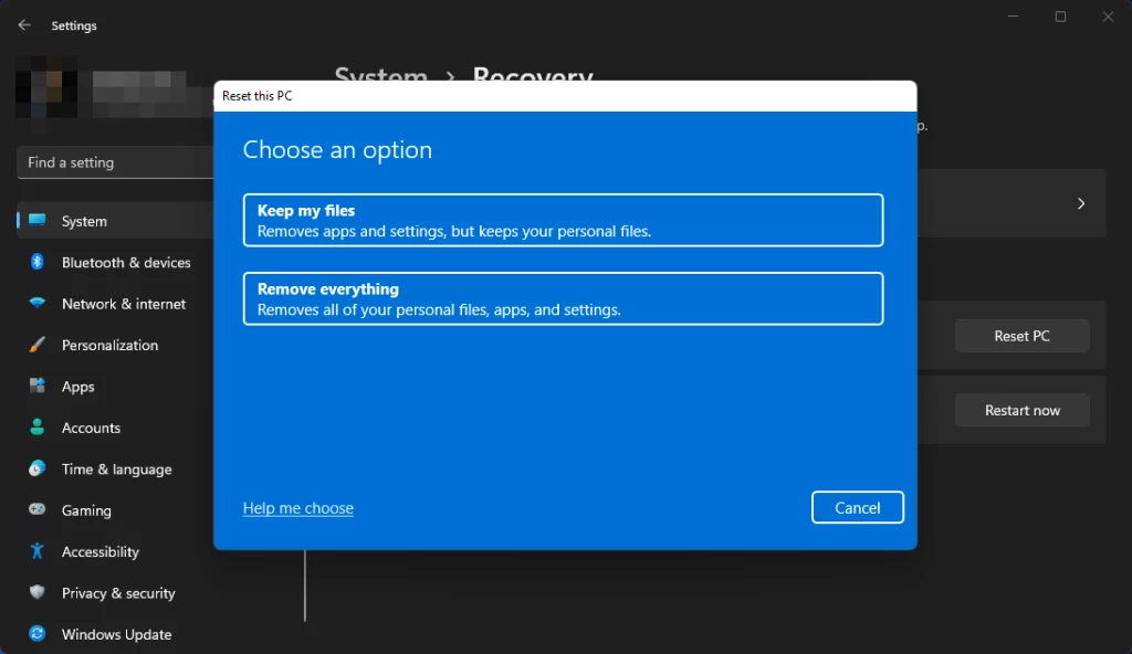windows reset this PC choose an option