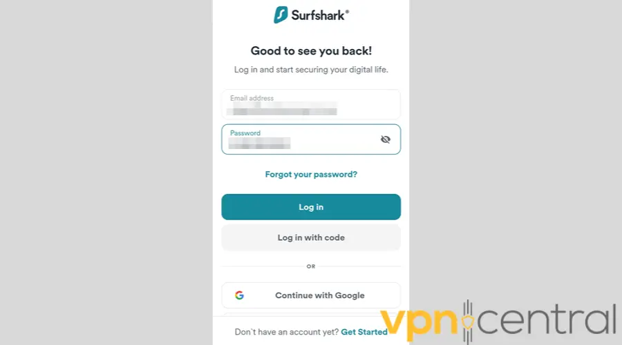 Surfshark VPN login form
