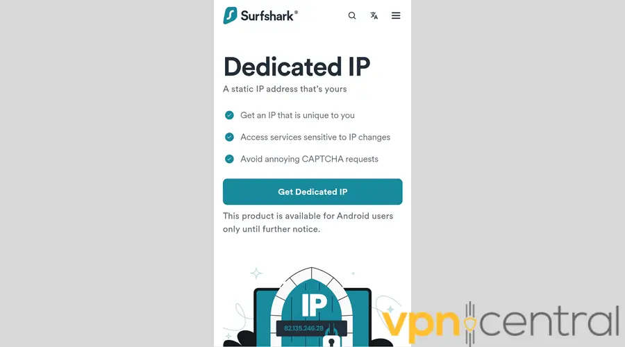 Surfshark VPN dedicated IP page