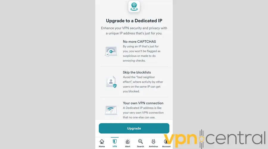 Surfshark VPN dedicated IP upgrade button