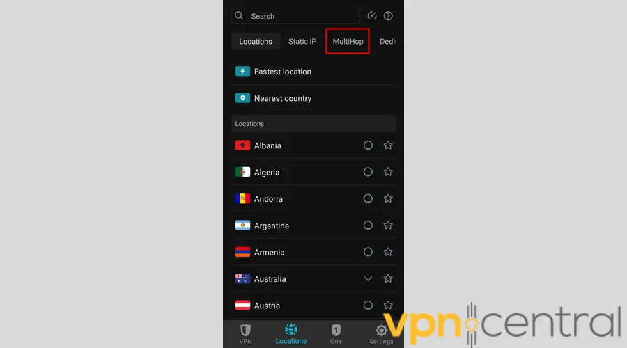 Surfshark VPN MultiHop tab
