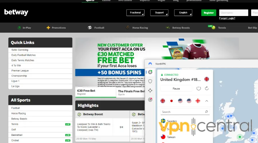 betway gambling site working with nordvpn
