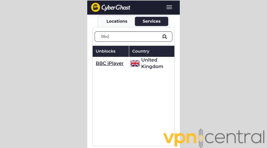 CyberGhost BBC iPlayer server option