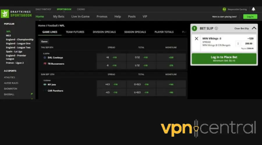 draftkings working with vpn