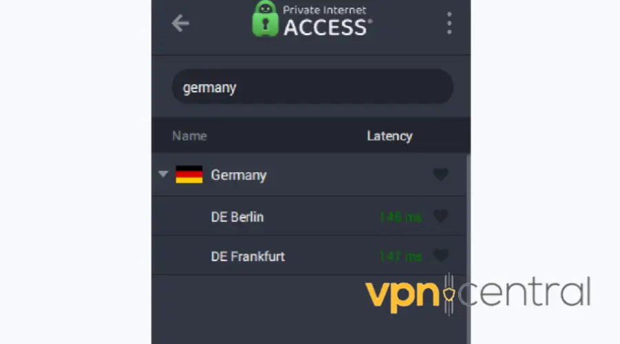 private internet access user interface