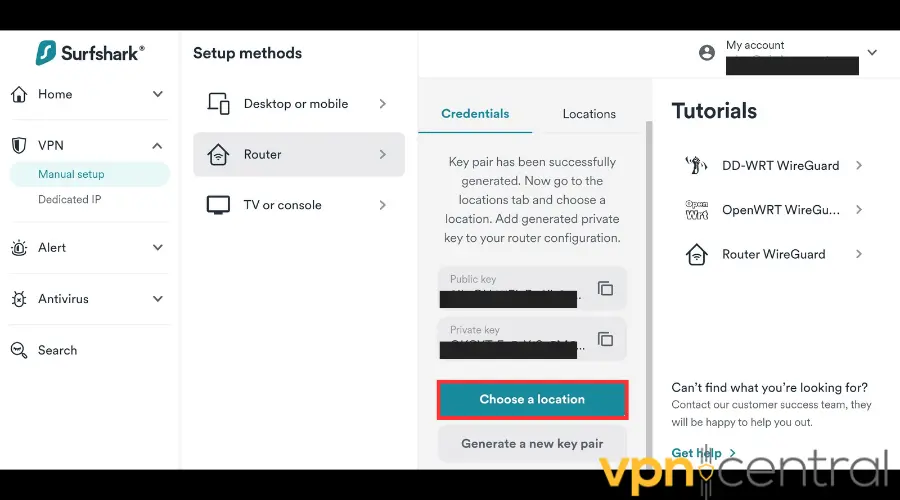 Surfshark VPN Choose a location button