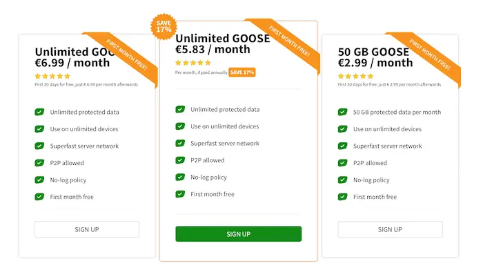 Goose VPN Pricing