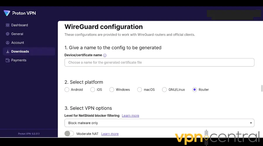 Proton VPN manual WireGuard configuration generator