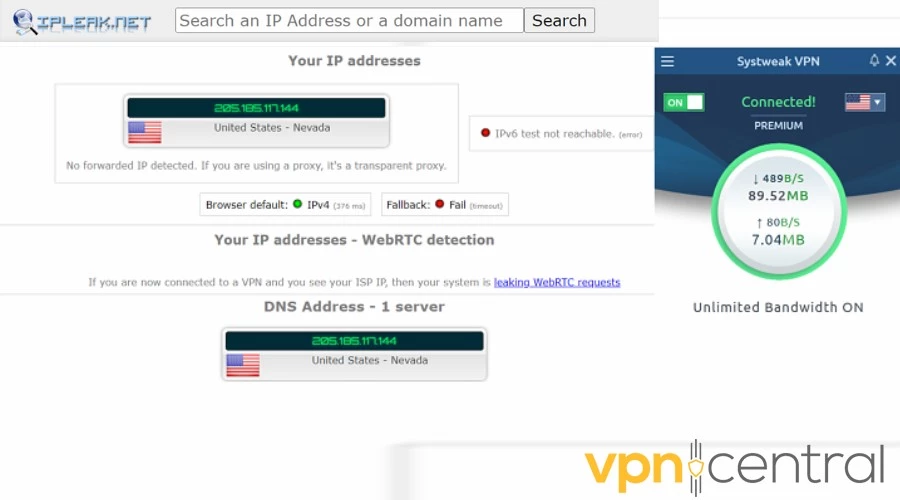 Systweak VPN IP leak results