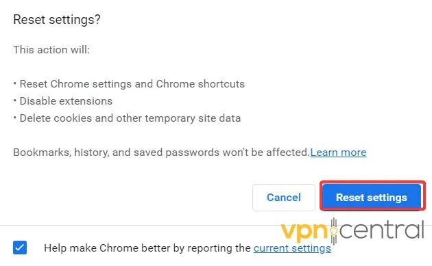 Confirming Resetting Chrome