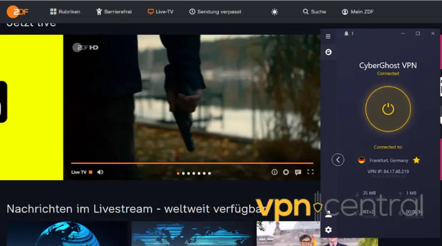 german tv working with cyberghost vpn connected