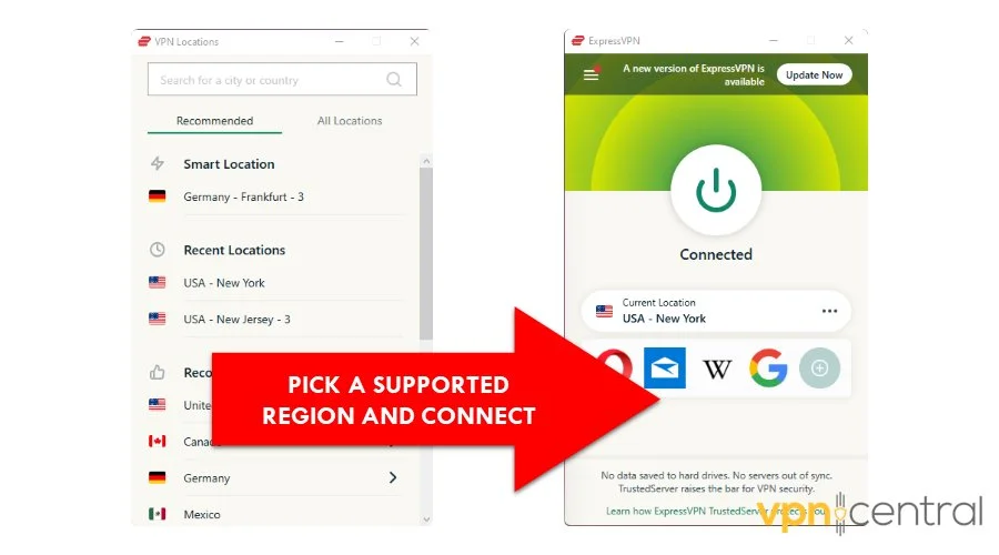 pick a supported region on expressvpn and connect
