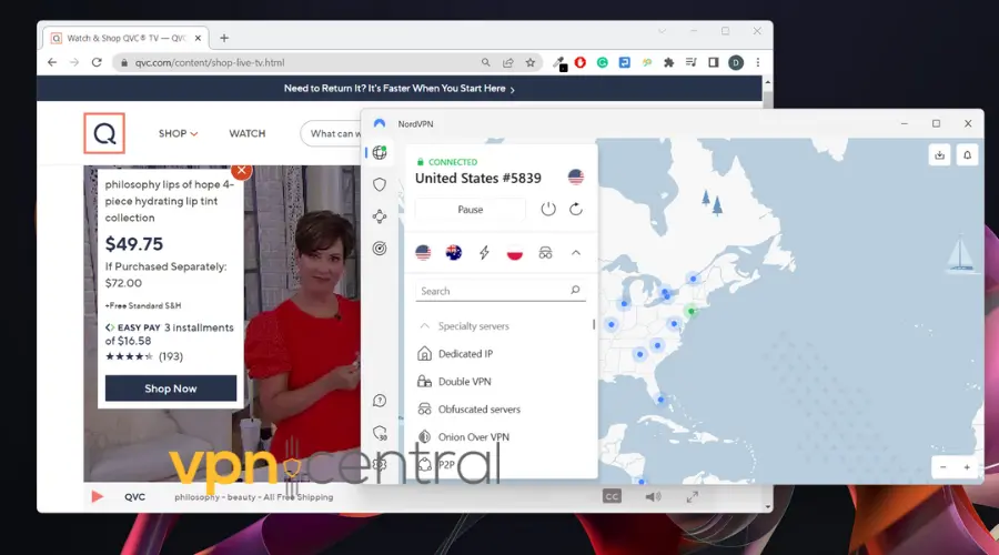 qvc working with nordvpn connected to united states server