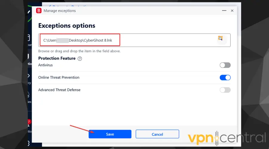 screenshot showing a VPN added to antivirus exception list