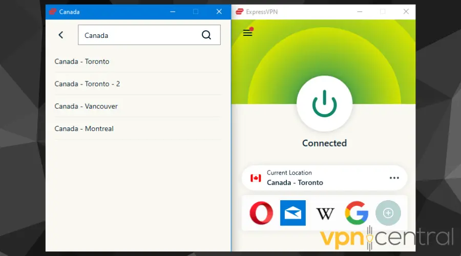 ExpressVPN connected to Canadian server