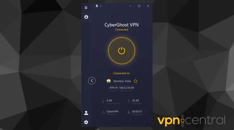 CyberGhost connected to an Indian server to unblock Voon in your region