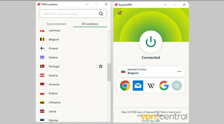 ExpressVPN connected to bulgaria