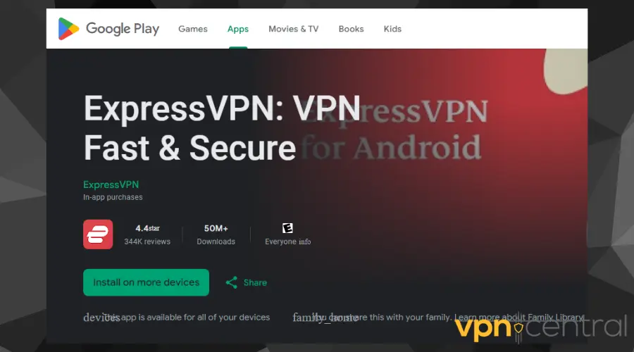 ExpressVPN android app ratings on Google Play