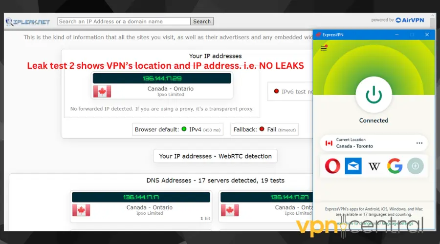 Leak test with VPN enabled