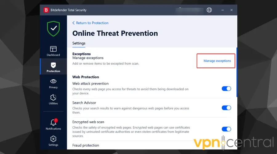 Screenshot showing antivirus settings page