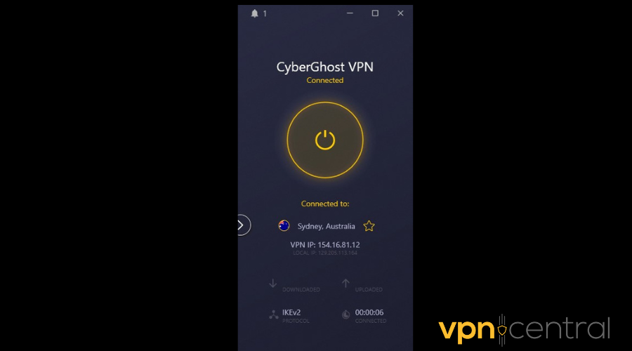 cyberghost vpn connected to australian server