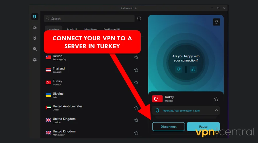 surfshark connect to turkey server