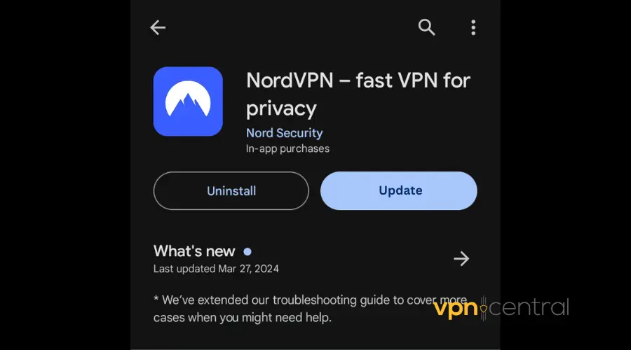 nordvpn update button in google play store