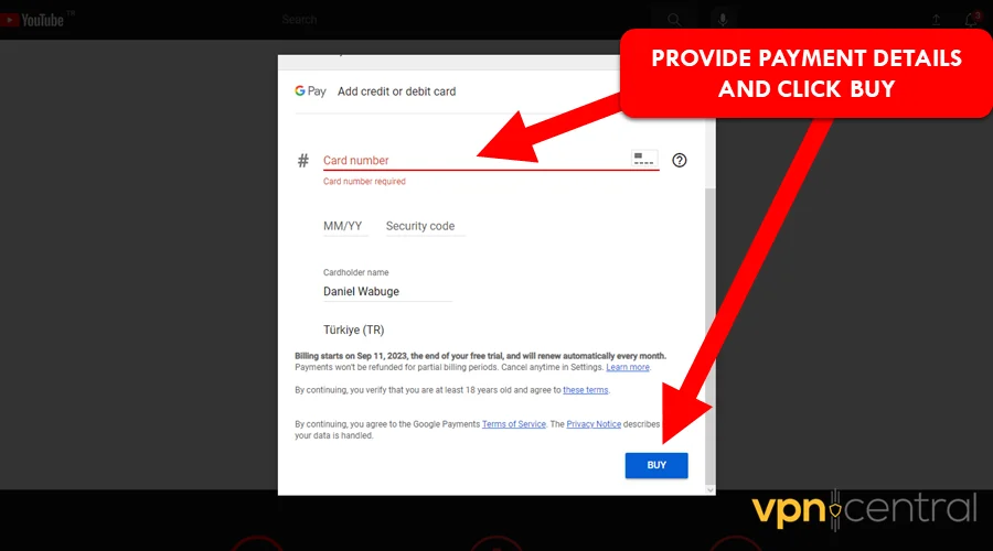 provide payment details to subscribe to youtube premium